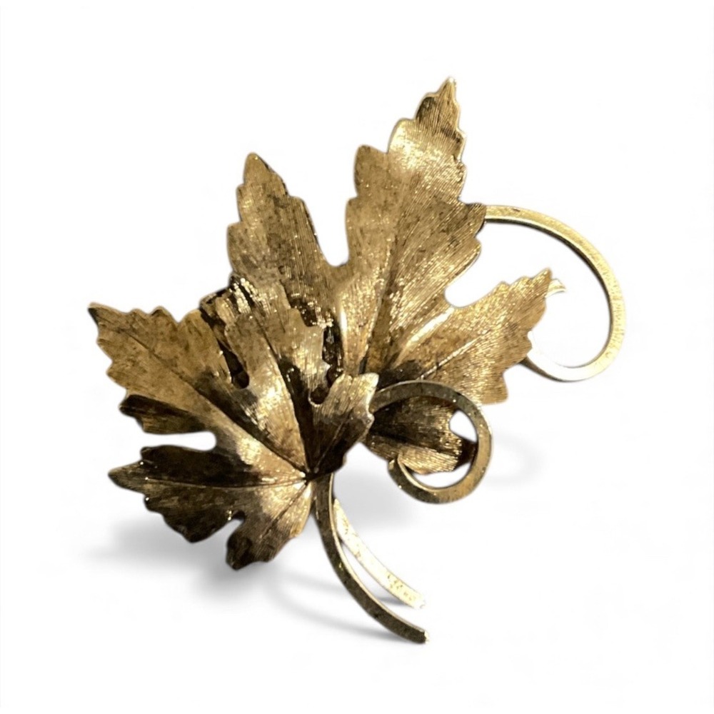 Vtg Gold Tone Metal Leaves Brooch Brush Textured Pinback Lapel Pin